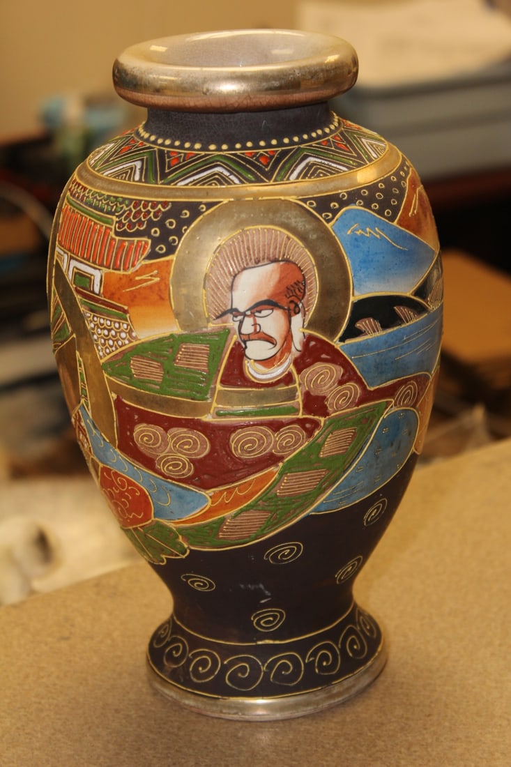 Satsuma Pottery Vase: signed - 10 inches tall
