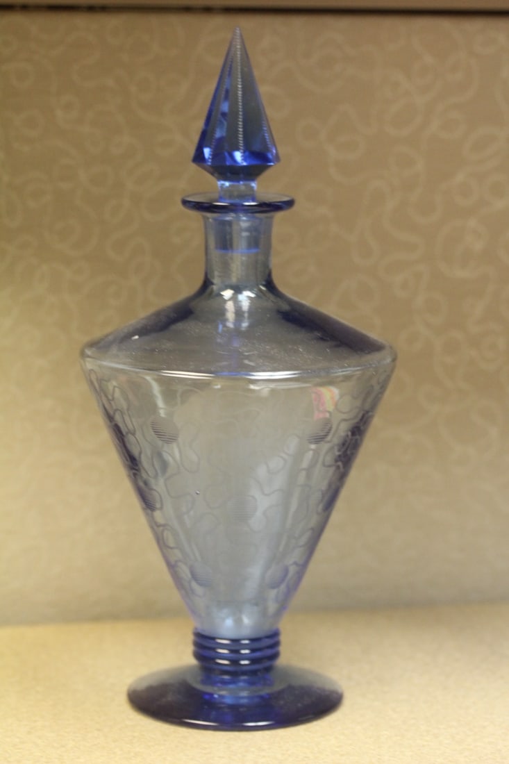 Etched Glass Cobalt Blue Decanter: 10 1/2" tall - nicely designed