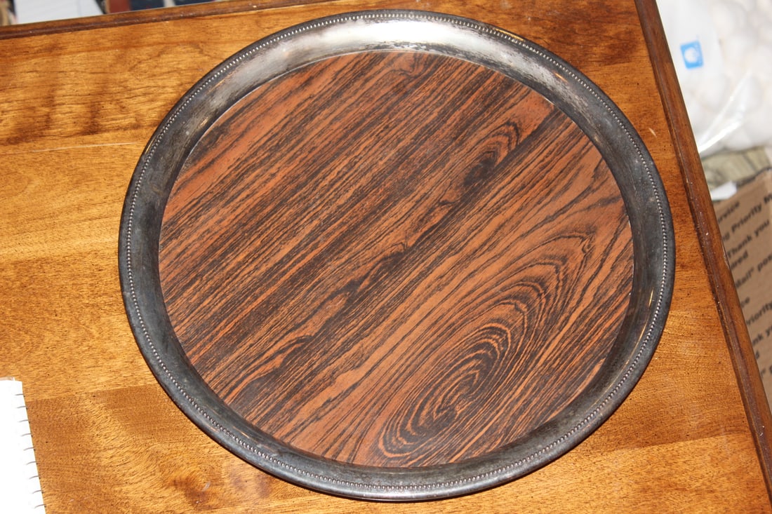 Silverplate and Wood Round Tray: 12" in diameter
