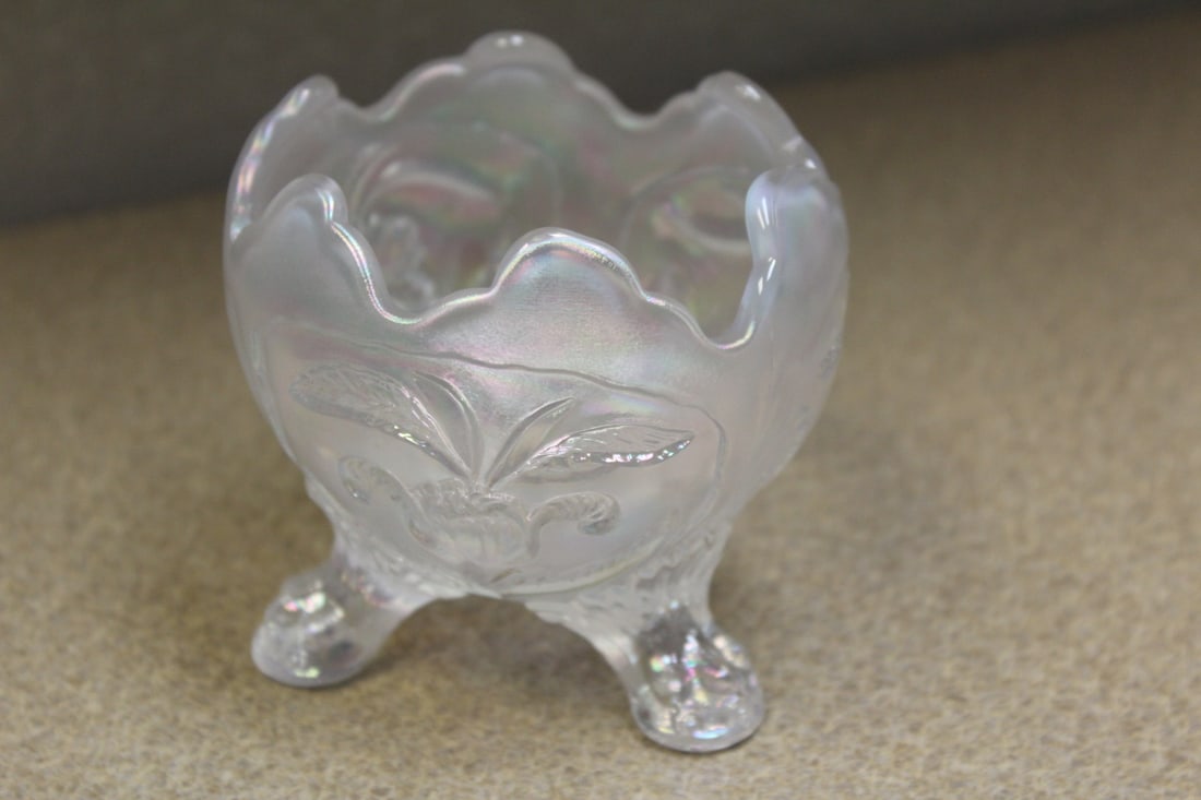 Clear Carnival Iridescent Glass Peachbloom Bowl: 3 1/4" tall