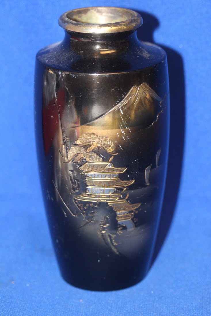 Mixed Metal Japanese Vase: 6" tall - please note: worn