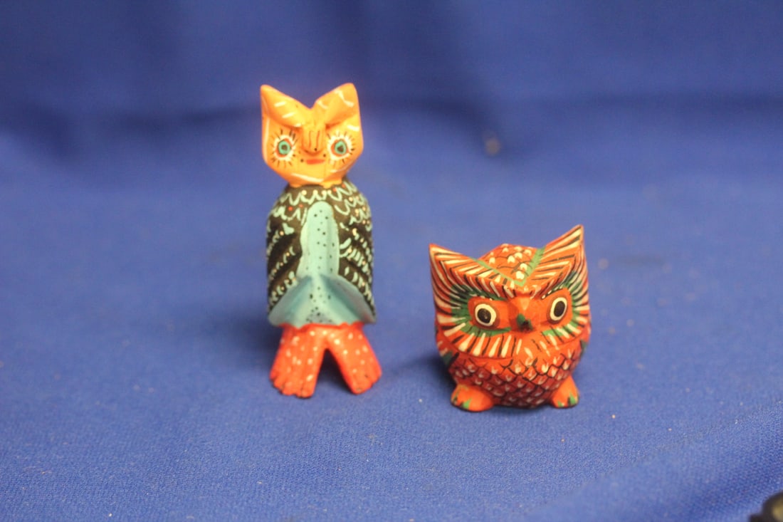 Hand Painted Wooden Owls: lot of 2 - tallest= 3 1/2"