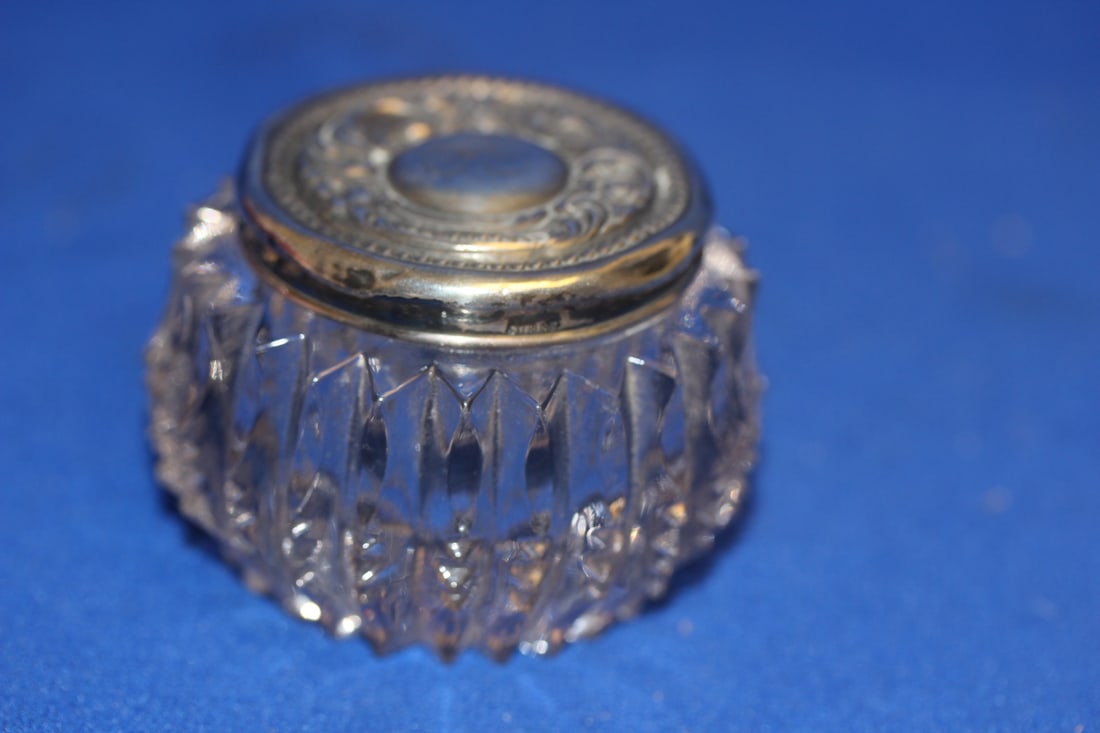 Sterling Top Cut Glass Container: most likely 19th century - 1 7/8" tall - please note: dents/ monogram