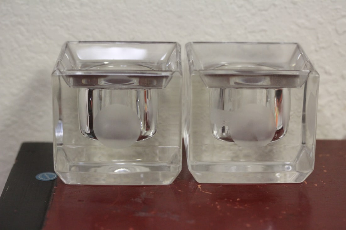 Pair of Vera Wang Crystal Candle Holders: Wedgwood bevel edged crystal candle holders - cube - 2 3/4" square