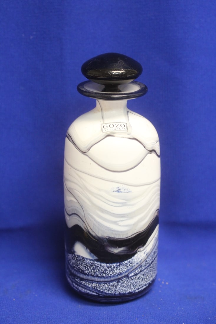 Signed Gozo Glass Perfume Bottle: 7 1/2" tall - art glass design - lid stuck