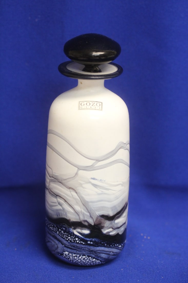 Signed Gozo Glass Perfume Bottle: 7 1/2" tall - art glass design - lid stuck