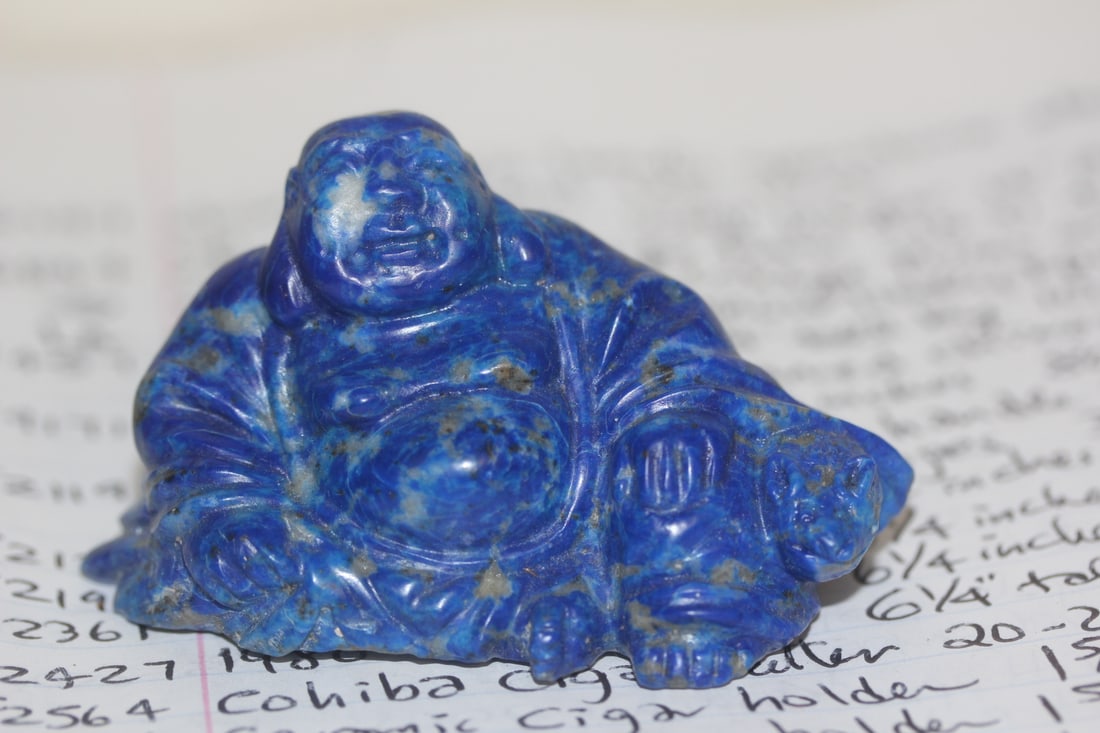 Chinese Lapis Lazuli Gemstone Buddha: 3 inches across