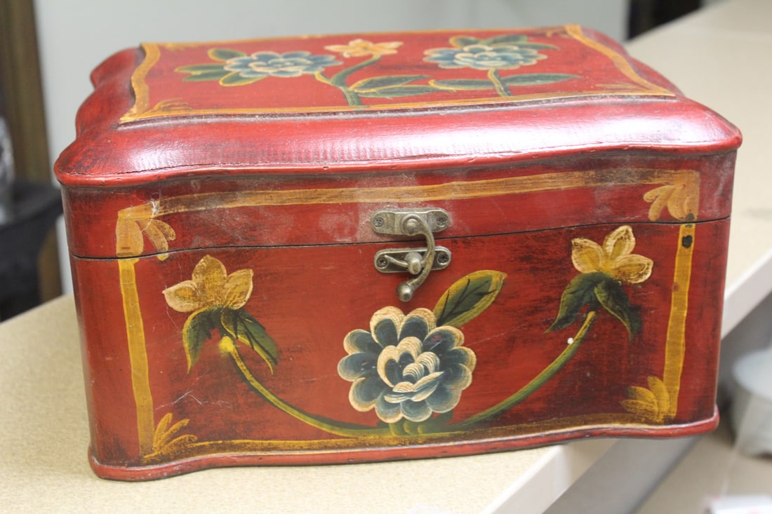 Chinese Wooden Box: hand painted - please note= handles on the side omitted - 12 inches across
