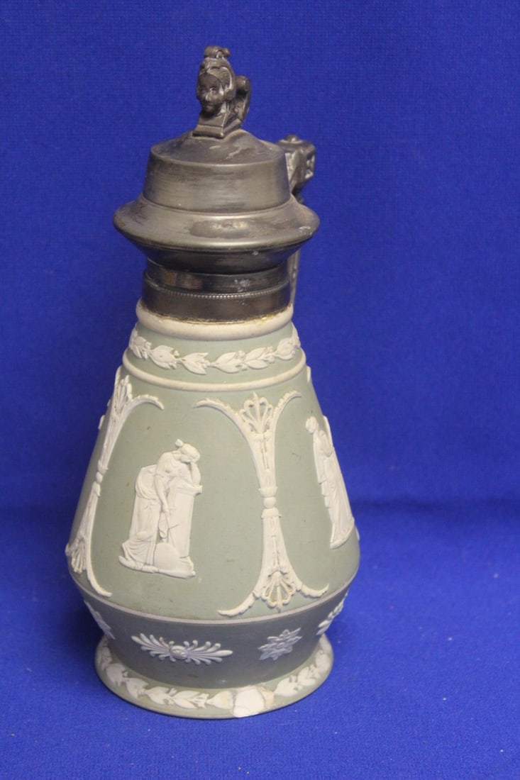 Jasperware Pitcher: most likely Wedgwood - please note= restored, chip, as found - 8 1/2" tall