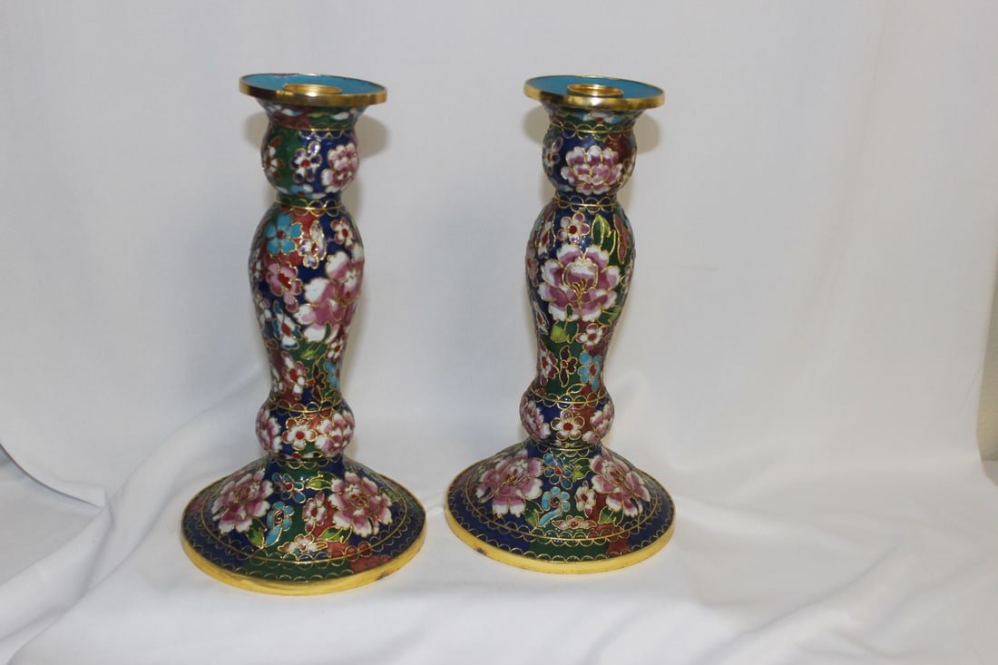 A Pair of Chinese Cloisonne Candlesticks: each measures 9 inches in height
