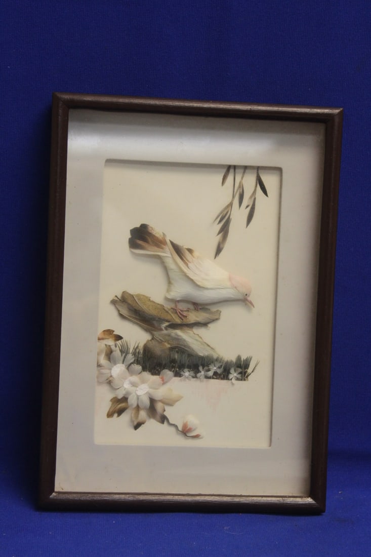 Vintage Chinese Bird Art: inside a shadow box - 70's - 80's - 10 5/8" x 7 1/2"