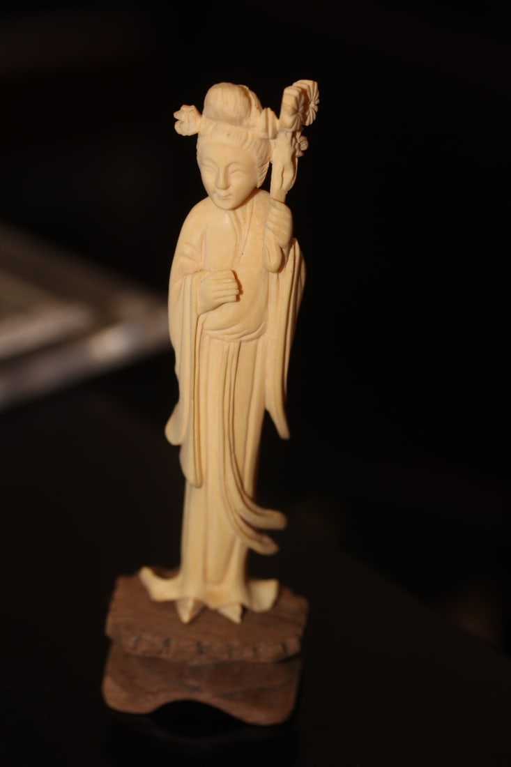 Chinese B o n e Figure of a Beauty: on stand - well carved - overall= 4 3/4" tall - stand=wood