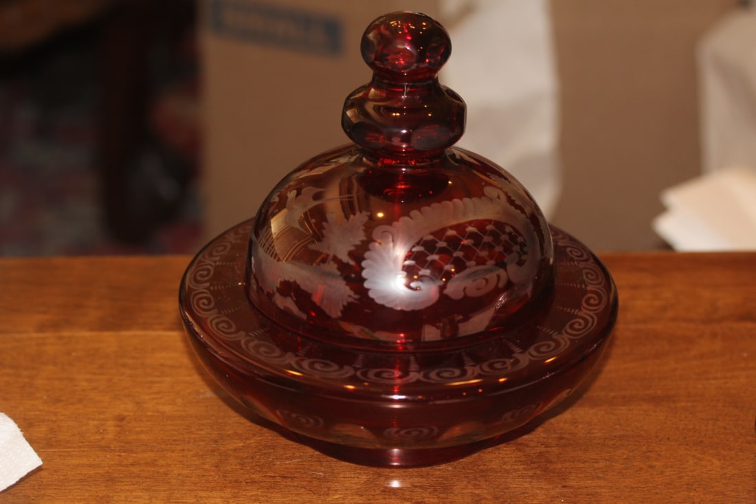 Beautiful Ruby Red Cut Glass Container: with lid - please note: one underchip on the lid as shown - bottom facet cut - 7 3/8" tall overall
