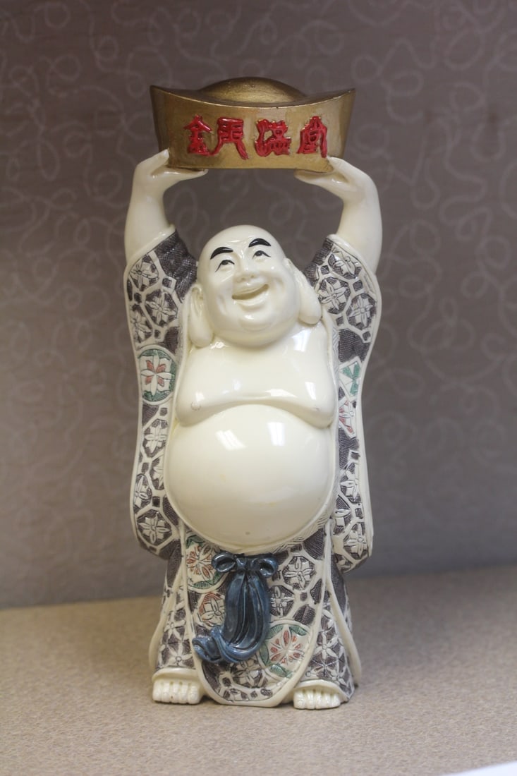 Signed resin buddha: 9" tall