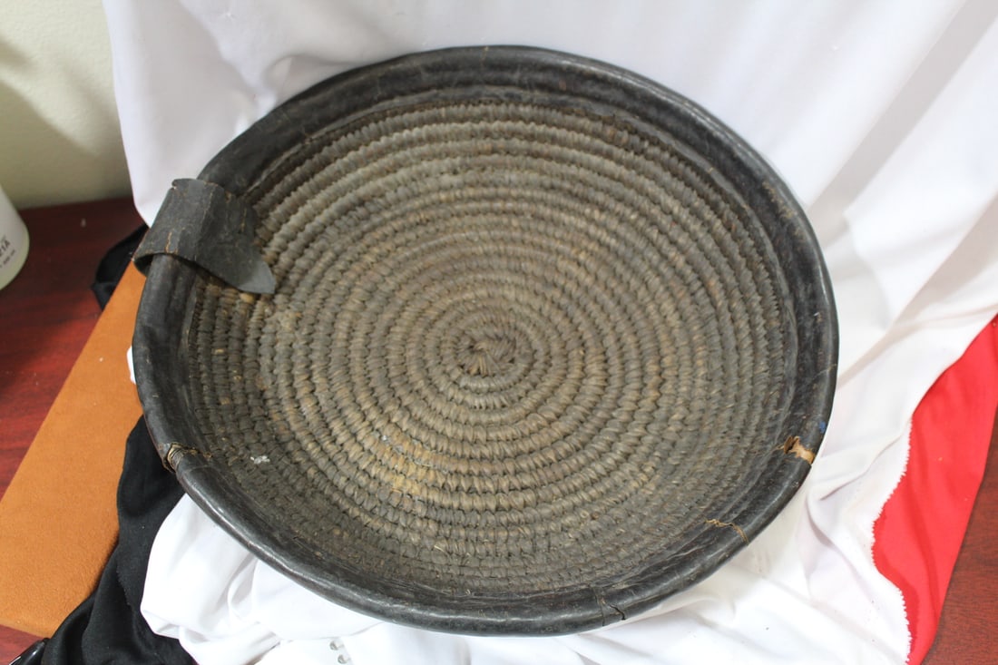 A Leather nad Woven Native American Basket: very rare - museum labeled - 13 1/2" in diameter