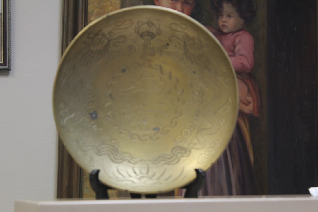 Large Chinese Brass Bowl: twin dragon happiness - 10" in diameter - marked "China"