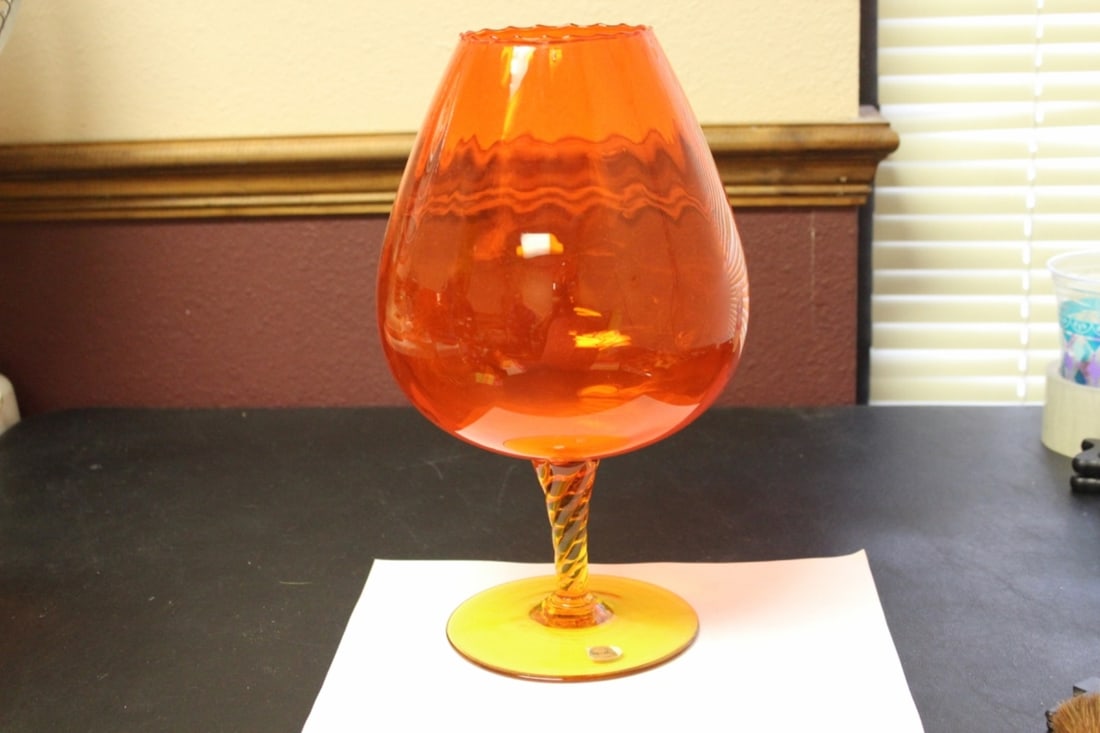 A Blenko (?) Large Goblet with Label: I cannot read the label- 12 inches tall