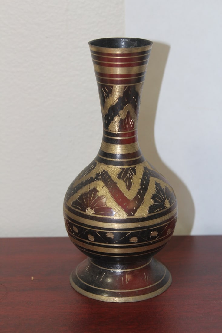 An Enamel on Metal Vase: 7" tall