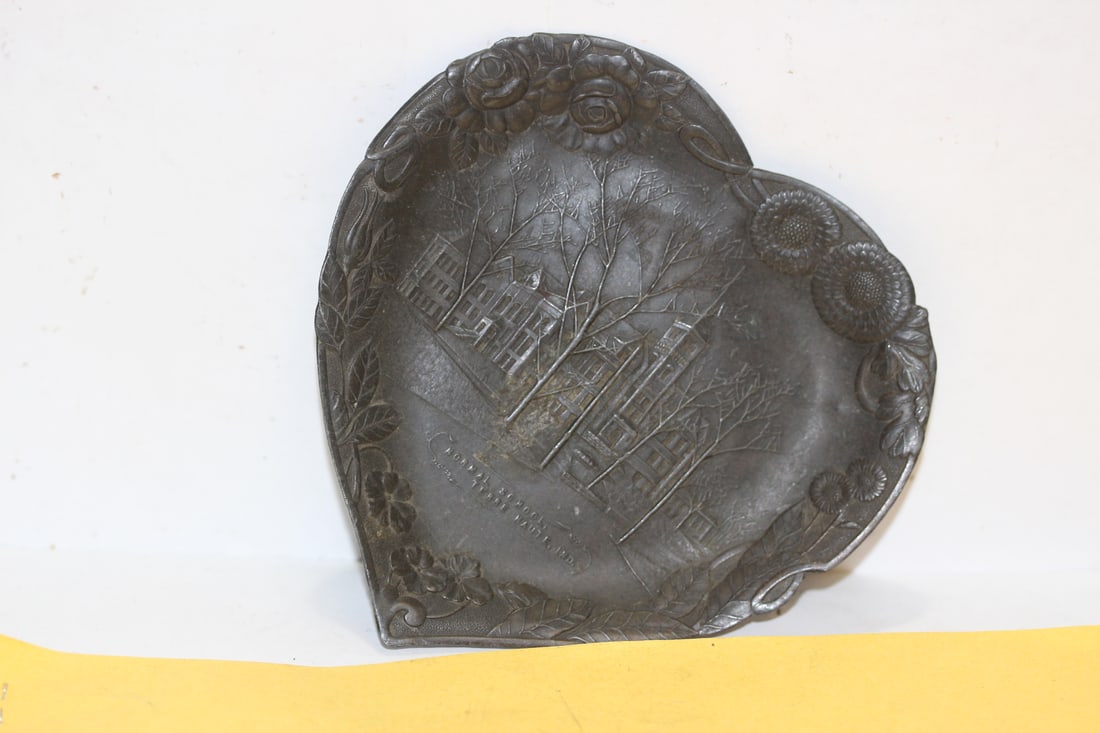A Souvenir Heart Shaped Plate: Normal School Terre Ahute Ind - most likely Victorian period - 4 7/8" across