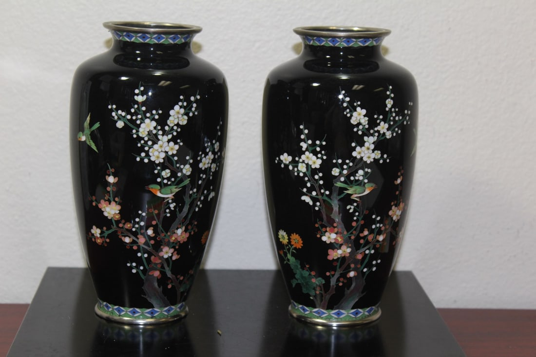 A Pair of Japanese Vases: silverwire - cloisonne - enamel - 7 1/2" tall - please note: one small bottom rim lump as shown on back of vases