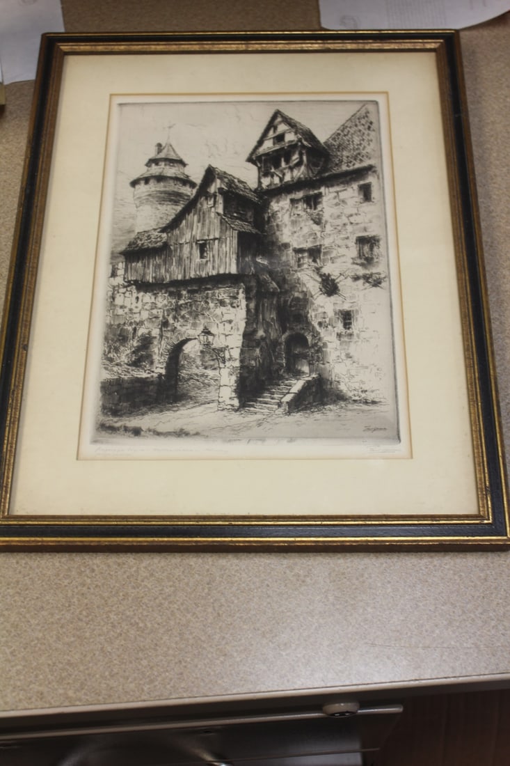 Antique Etching or Engraving by Paul Geissler: listed artist (1881-1965) - pencil signed - framed - overall= 16 1/4" x 12 3/4"
