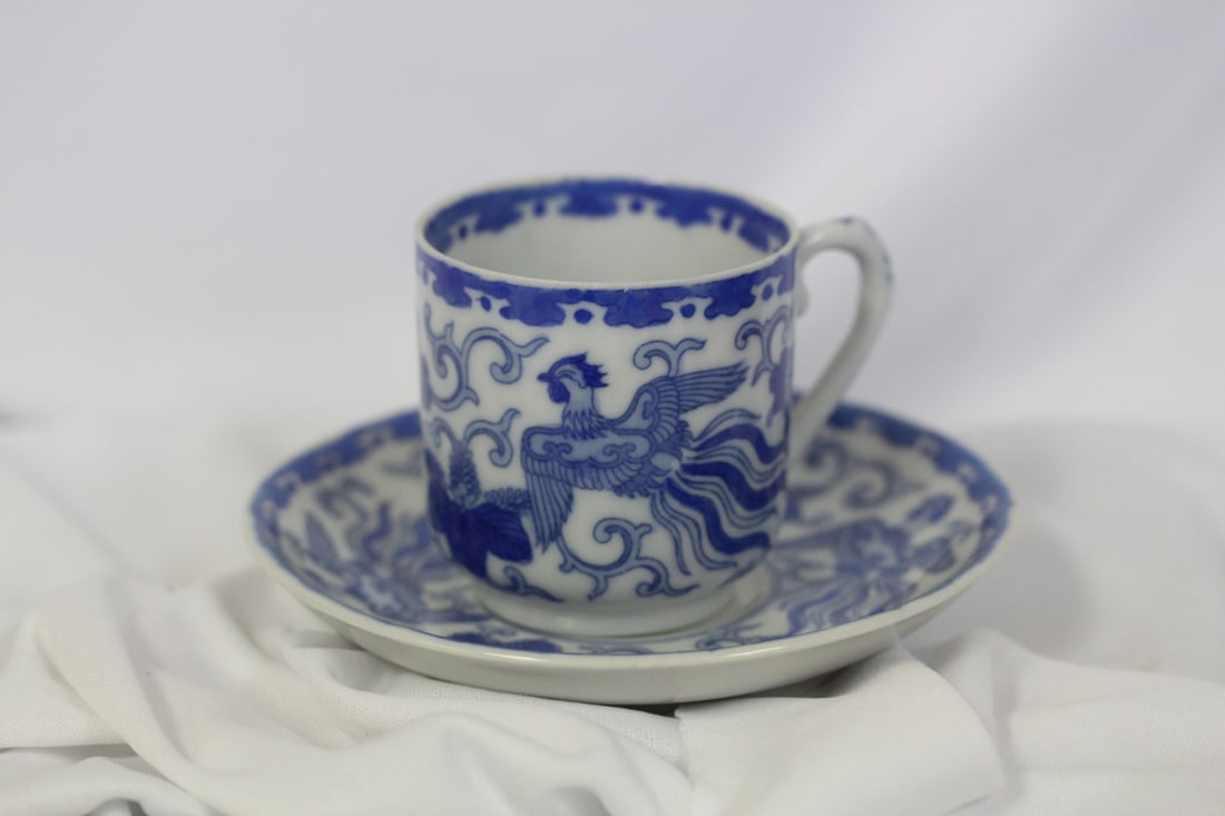 A Japanese Blue and White Cup and Saucer: signed - 19th century - cup= 2 1/4" tall
