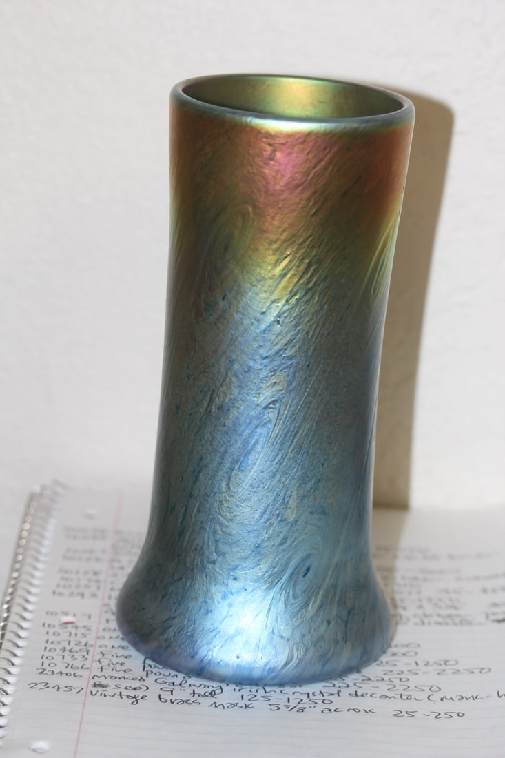 Signed Iridescent Art Glass Cylinder Vase: signed LS, possibly Lundberg Studio - dated - 8 inches tall