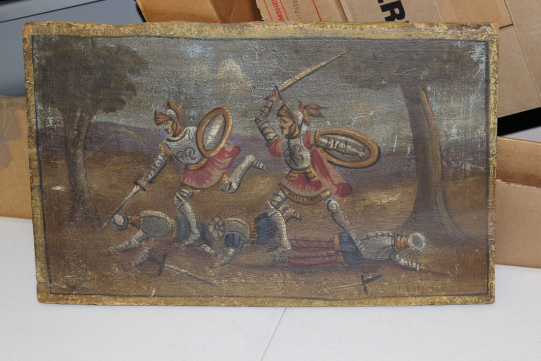 An Antique Painting on Wood Panel: wood is worp due to age/humidity - unusual subject - 20" x 11 1/4" x 5/8" thick - possibly very old