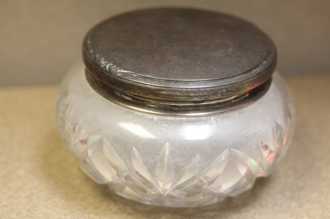 Sterling Lid Powder Jar: cut glass - please note: monogrammed