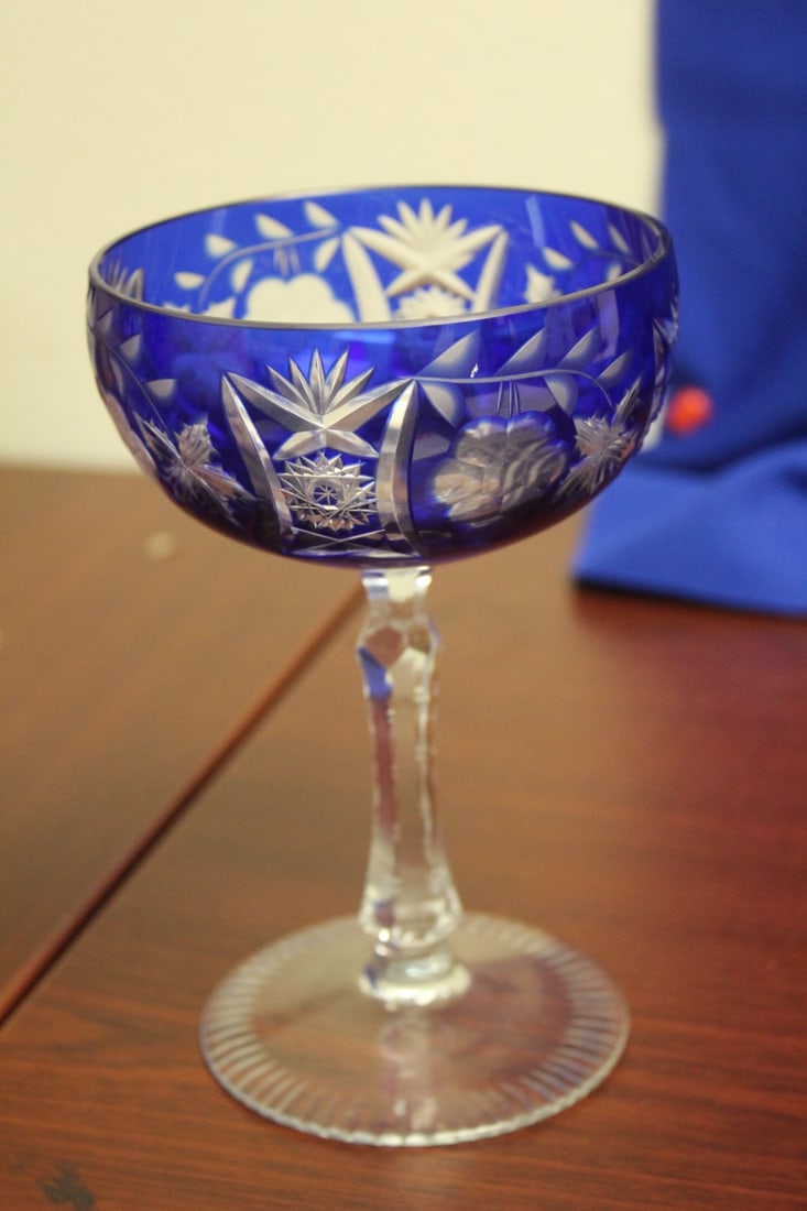 A Cobalt Blue Cut Glass Wine Goblet: 6 1/4" tall