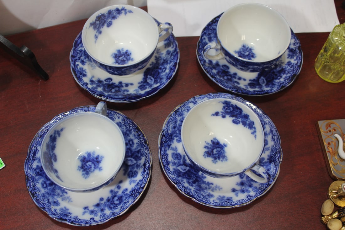A Burslem Flow Blue Cup and Saucer: cup= 2 1/4" tall