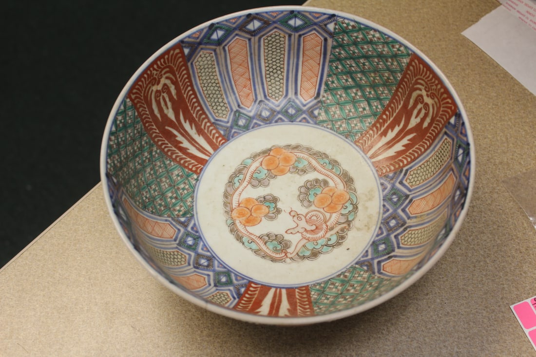 Antique Japanese Imari Bowl: please note: bottom rim chips and restored - both as shown - 9 3/4" in diameter - still a pretty bowl
