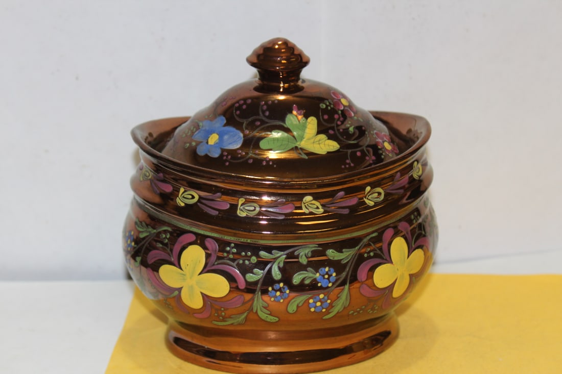 A Ceramic Lusterware Sugar Bowl: please note: some inside small chips, not noticeable when lid is on - approximately 6" across