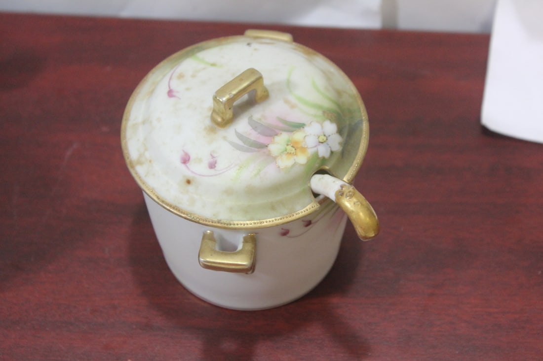 An Antique Nippon Cup with Lid and Spoon: 4 3/8" tall - needs some cleaning