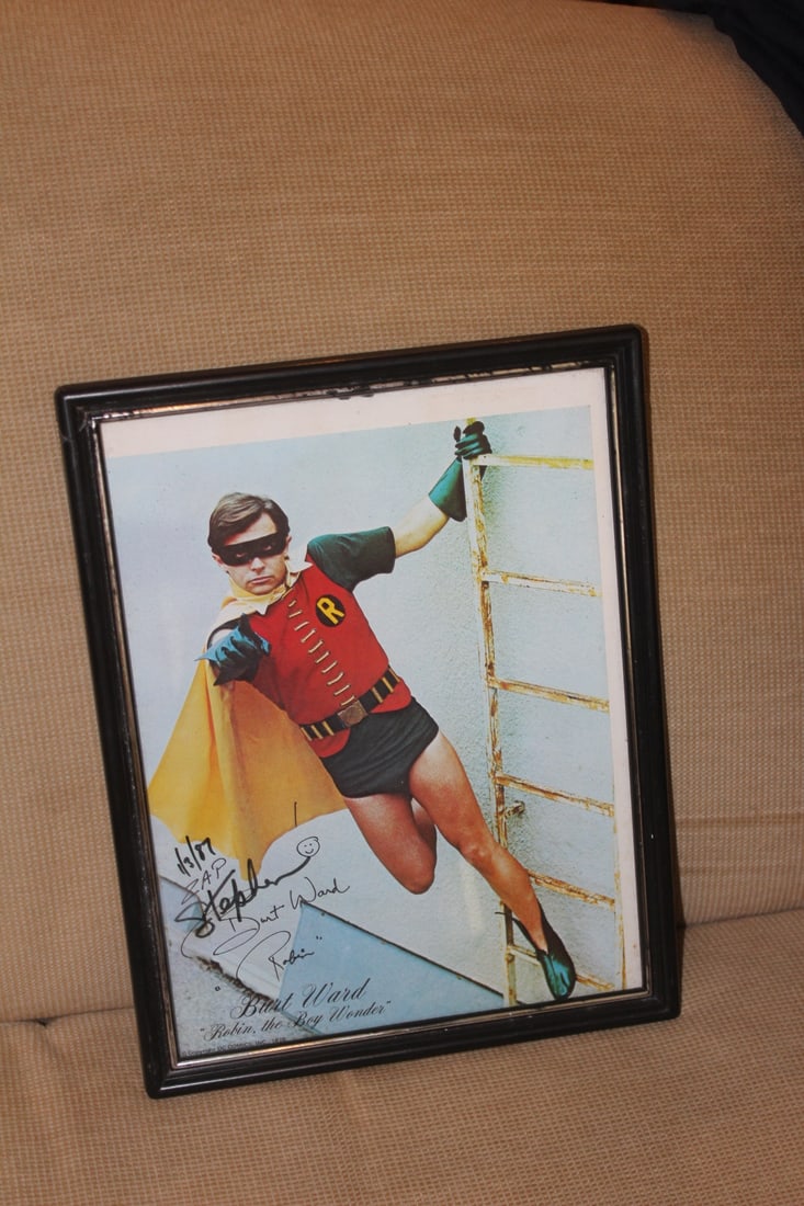 Burt Ward Robin Print: framed - please note: frame has a crack as shown - chips on the frame as well - 13" x 10"