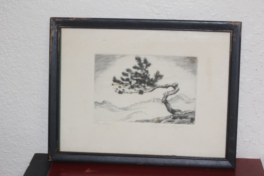 Framed Etching Lone Pine by Lyman Byxbe: Colorado artist - overall= 8 3/4" x 6 3/4"