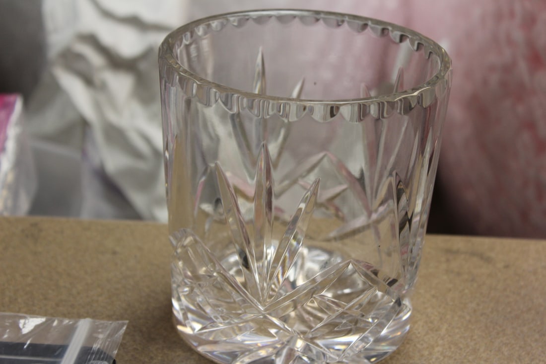 Cut Glass Container: possible Waterford or similar cut glass - unmarked - 5" wide by 5 1/4" tall
