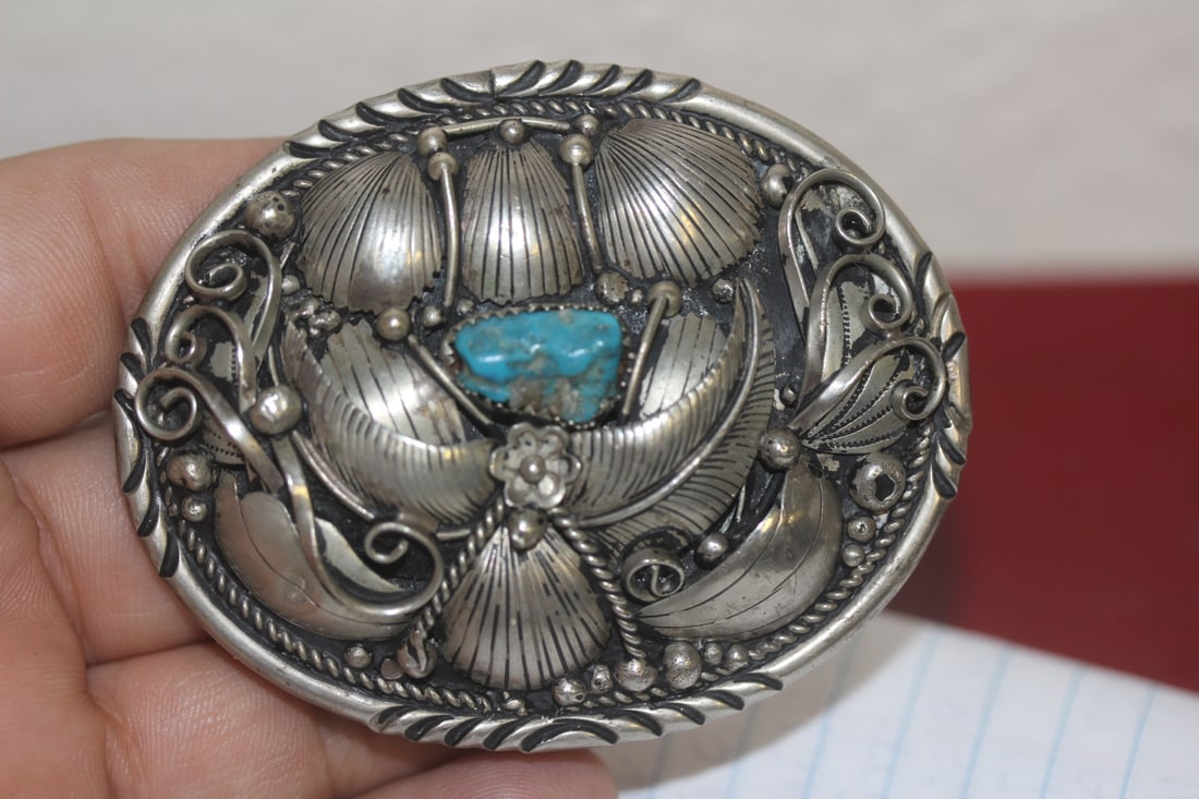 Native American Navajo Belt Buckle: antique/vintage - turquoise and sterling - unmarked, but tested as sterling - 3 inches across