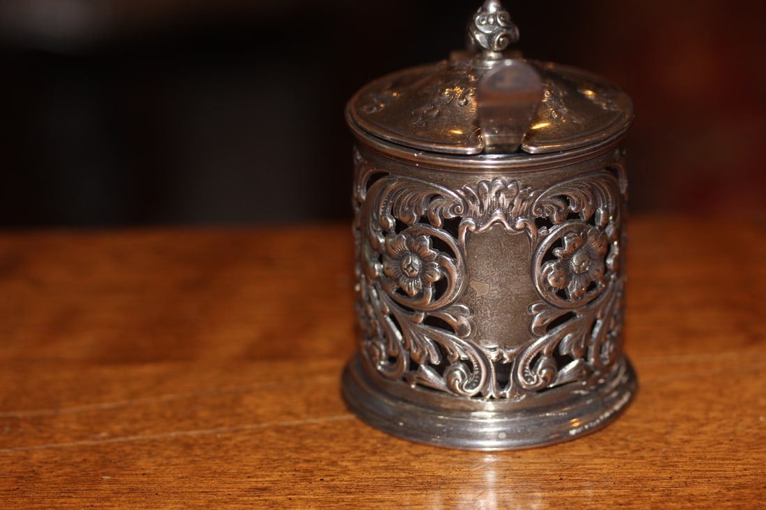 Ornate Sterling Container with Spoon: Rare - Bigelow Kennard and Company - cobalt blue glass insert - 3 5/8" tall