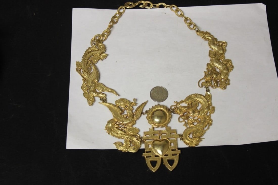 A Signed Gold Plated Dragon and Phoenix Necklace: signed: Alexis Kirk - Probably for ceremonial purpose - beautiful design - good work, really a breath taking piece