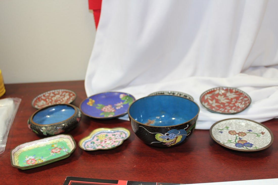 Lot of 9 Antique Chinese Cloisonne Articles: most of them are 19th century - all as found: losses, dents - bowl= 2 1/2" tall