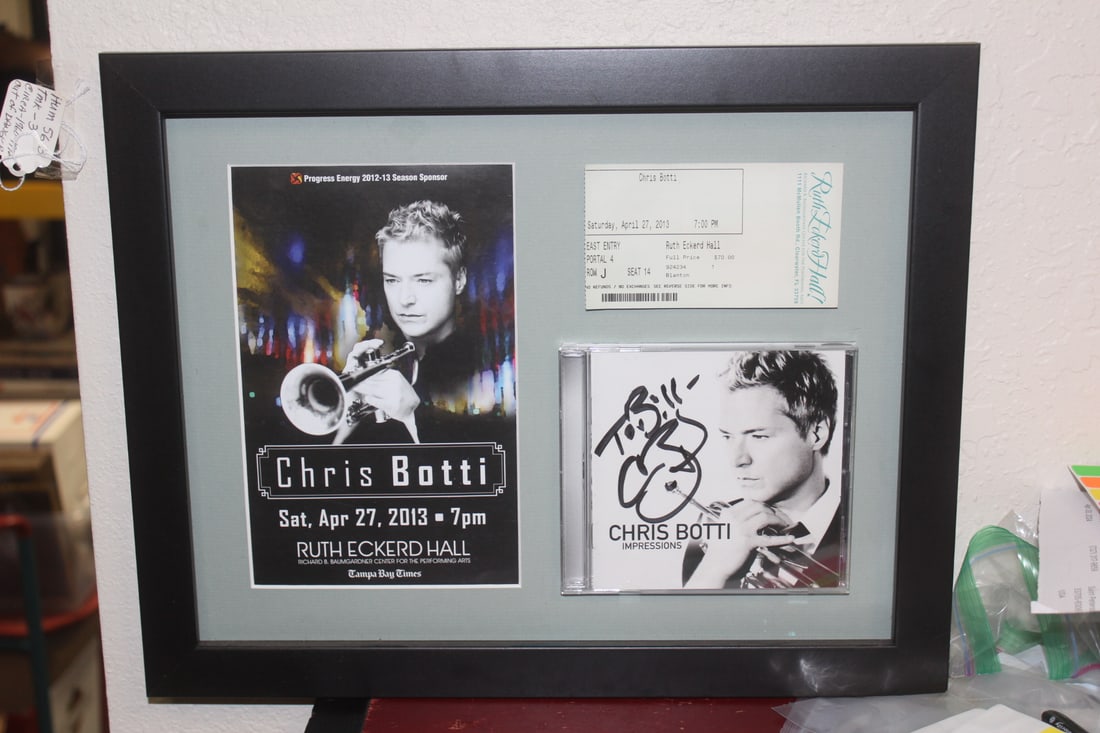 Signed Chris Botti CD: with concert ticket stub and promotion flyer - framed - overall= 15 3/4" x 12 1/2"