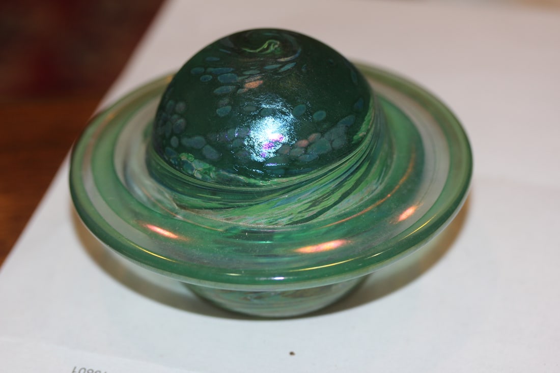 Iridescent Saturn Artglass Paperweight: signed Joel Bloomberg - 3 3/4" in diameter