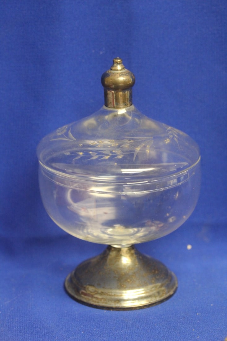 Etched Glass Compote: sterling weighted bottom and tip - 7 1/2" tall - needs cleaning