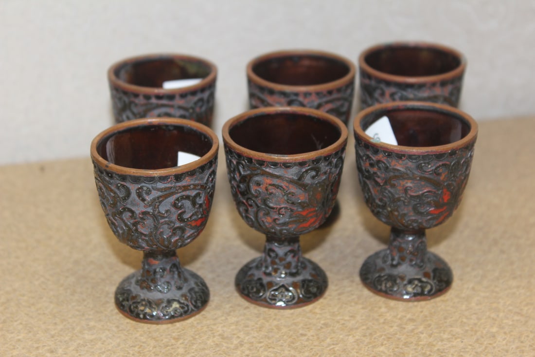 Set of 6 Enamel Cups: possibly old - 2 3/8" tall