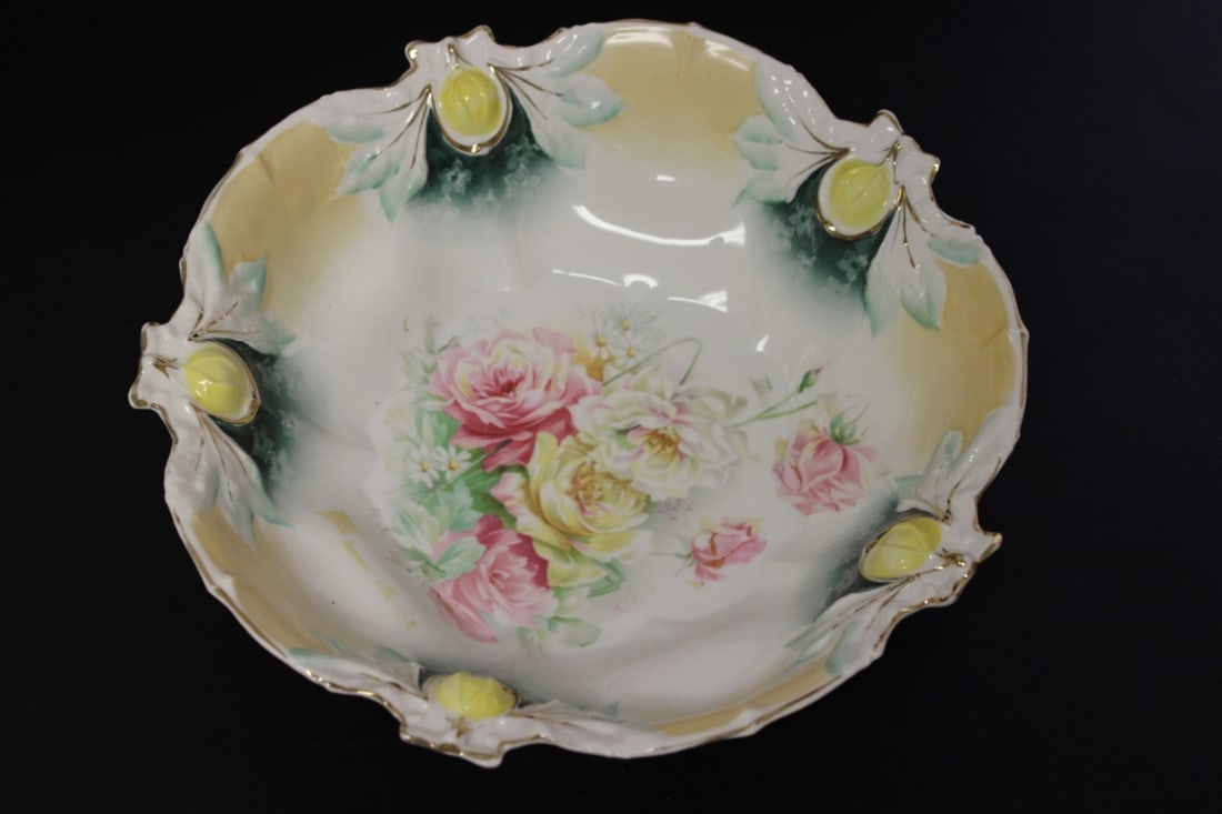 An R.S. Prussia Foliated Edge Bowl: Green leaf red mark - 10 inches in diameter - light weight and thin construction - most likely from the 19th century - Antique