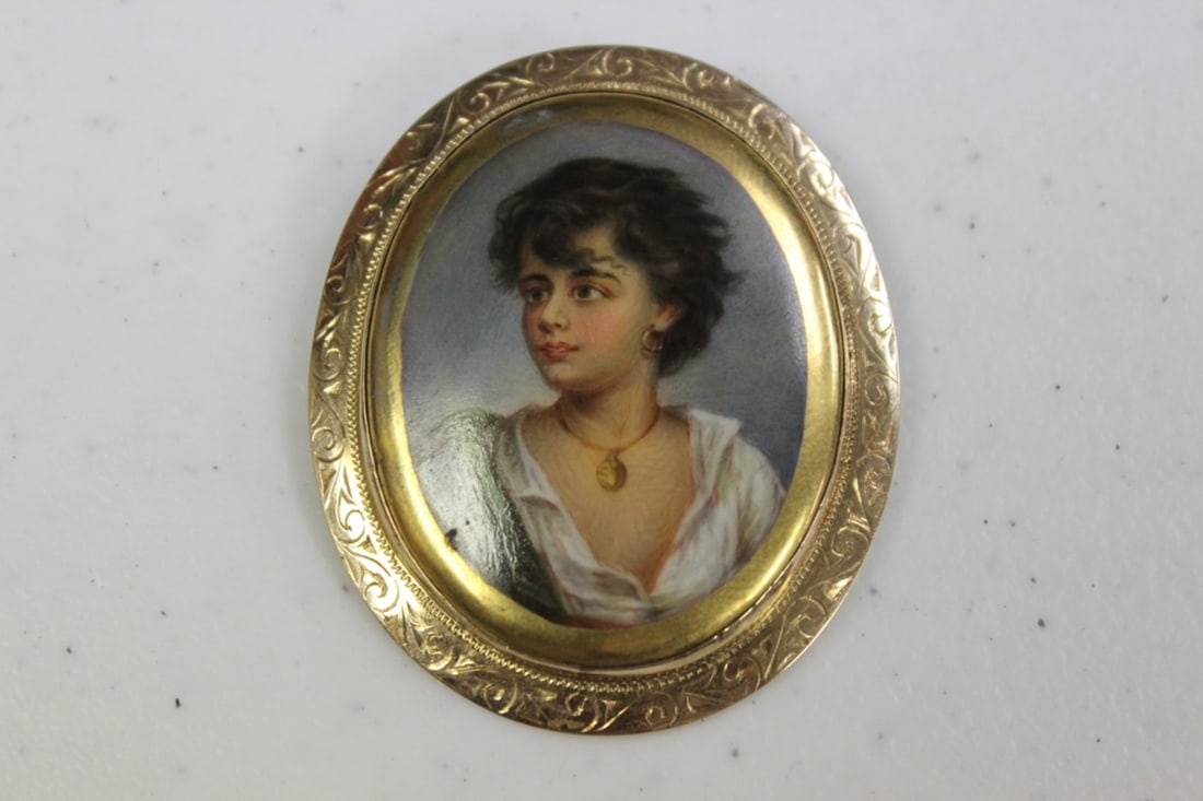 A Painting on Porcelain Brooch or Pin: Very beautiful - in a 14Kt setting - overall 2 1/2" x 2" - can also be used as a pendant