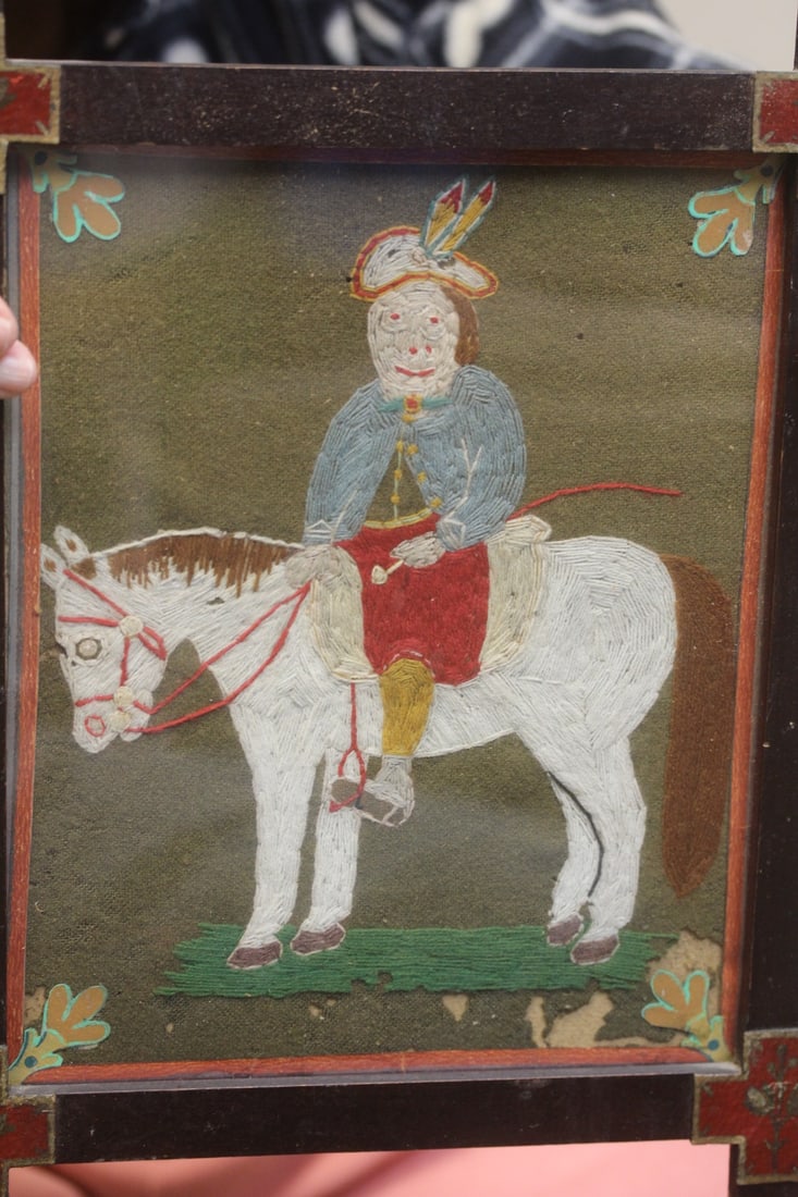Rare Antique Native American Needlepoint: framed - 19th century - please note: losses - 11" x 9 1/8" in overall
