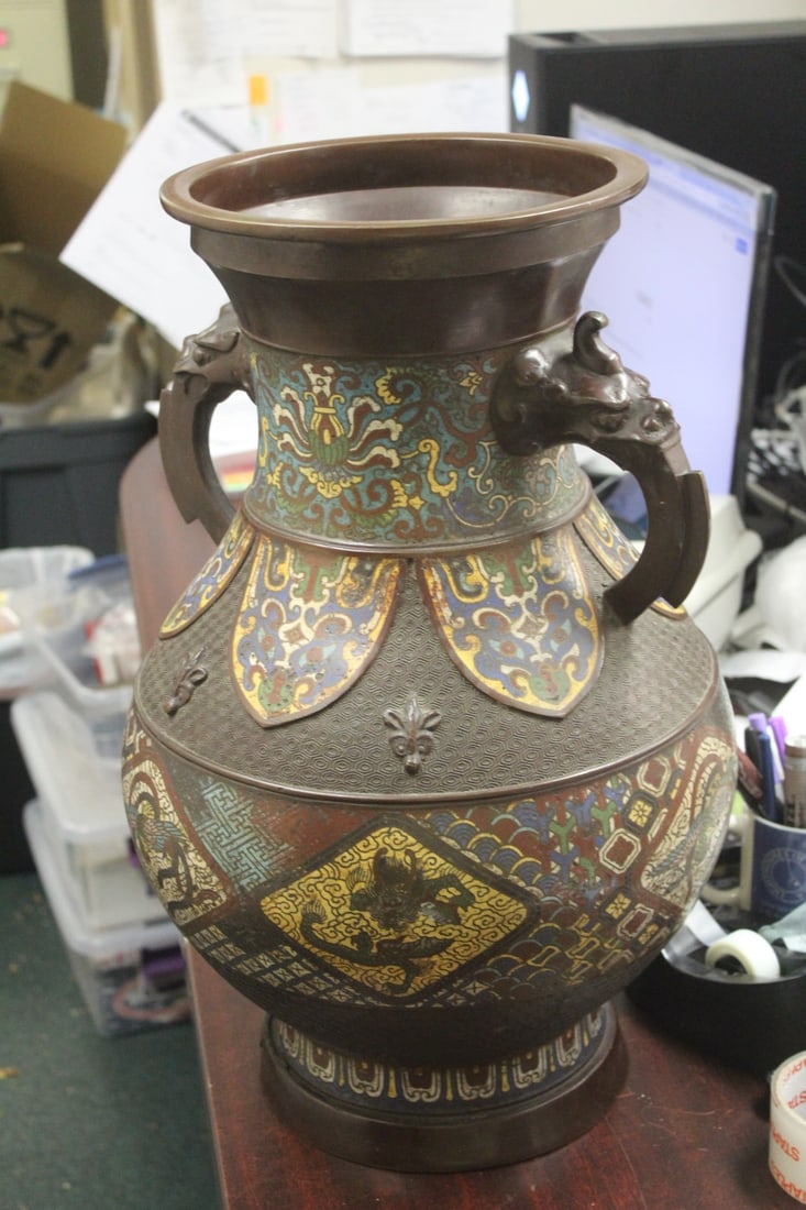 Huge Cloisonne/Champleve Floor Vase: Chinese or Japanese - 21 1/2" x tall by 11 1/2" wide - a statement piece - early 1900's