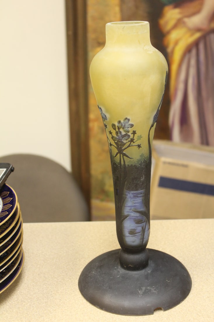 Galle or Galle-Style Art Glass Lamp Base: 13" tall